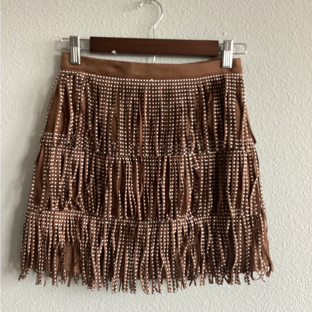 Mi Ami Francescas Brown Fringe Skirt with Studded Details XS